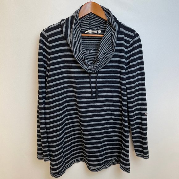 Soft Surroundings Womens Funnel Neck Sweater Size L Black Gray Striped Pullover - Picture 1 of 8